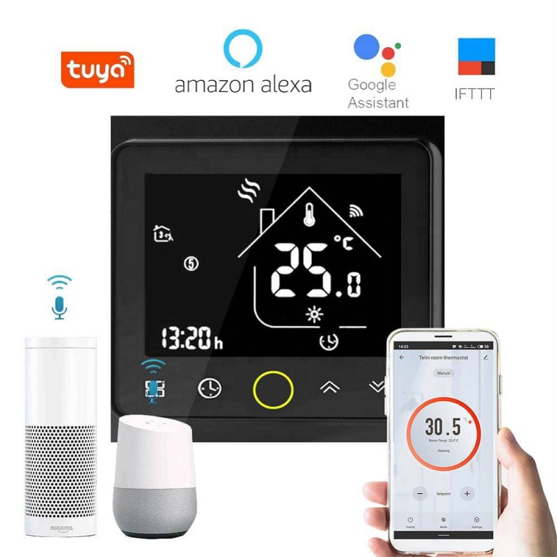 Tuya / Smart Life termostat - gulvvarme, svart, GoogleHome, Alexa